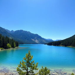 A serene landscape featuring a clear blue lake surrounded by lush green trees and mountains in the background, with a bright and sunny sky