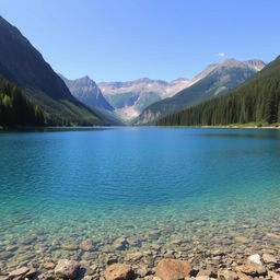 A serene landscape featuring a clear blue lake surrounded by lush green trees and mountains in the background, with a bright and sunny sky