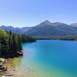 A serene landscape featuring a clear blue lake surrounded by lush green trees and mountains in the background, with a bright and sunny sky