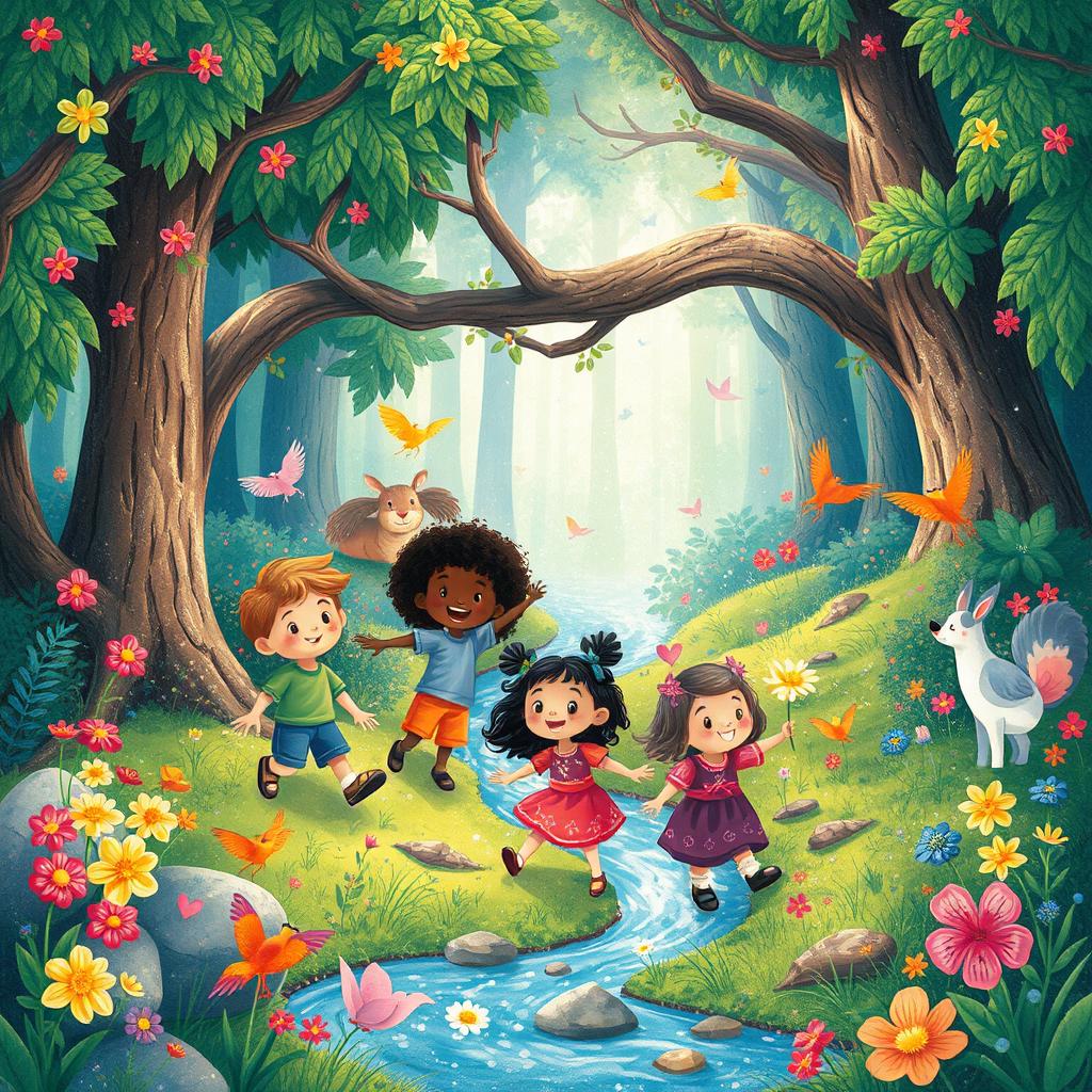 A colorful and whimsical illustration for a children's book, featuring a group of diverse children playing in a magical forest with friendly animals, vibrant flowers, and a sparkling river