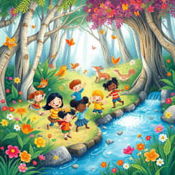 A colorful and whimsical illustration for a children's book, featuring a group of diverse children playing in a magical forest with friendly animals, vibrant flowers, and a sparkling river