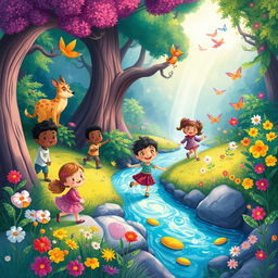 A colorful and whimsical illustration for a children's book, featuring a group of diverse children playing in a magical forest with friendly animals, vibrant flowers, and a sparkling river