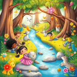 A colorful and whimsical illustration for a children's book, featuring a group of diverse children playing in a magical forest with friendly animals, vibrant flowers, and a sparkling river