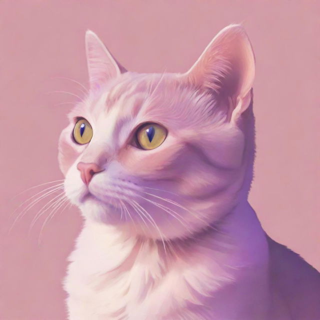 An aesthetic cartoon-styled cat art for a profile picture, bathed in warm shades of pink and purple.