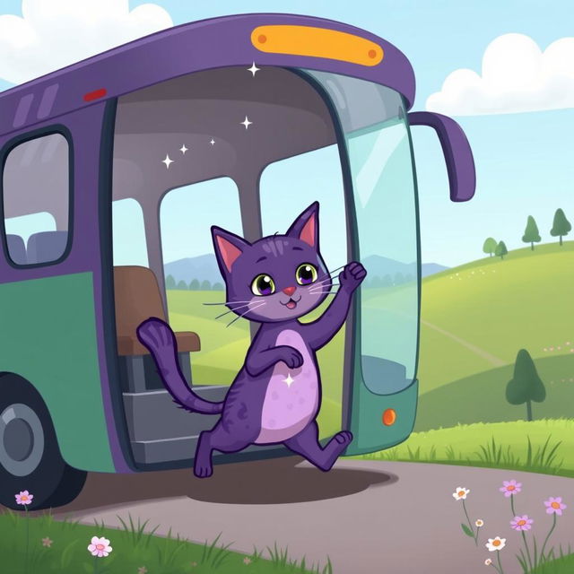 A whimsical illustration of a purple magic cat stepping off a bus on two feet in a countryside setting