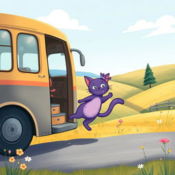 A whimsical illustration of a purple magic cat stepping off a bus on two feet in a countryside setting