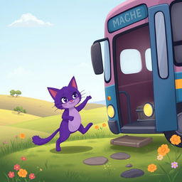 A whimsical illustration of a purple magic cat stepping off a bus on two feet in a countryside setting