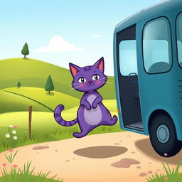 A whimsical illustration of a purple magic cat stepping off a bus on two feet in a countryside setting