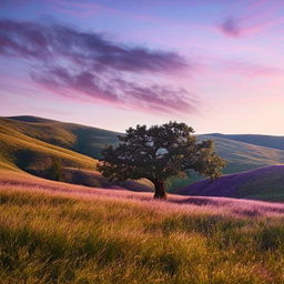 A gorgeous landscape of rolling green hills under a sky lit with a sunset purple hue, with a dominant majestic oak tree in the foreground.