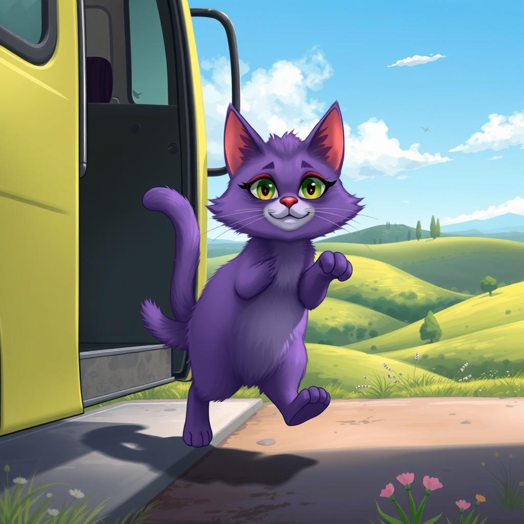 A realistic illustration of a purple magic cat stepping off a bus on two feet in a countryside setting