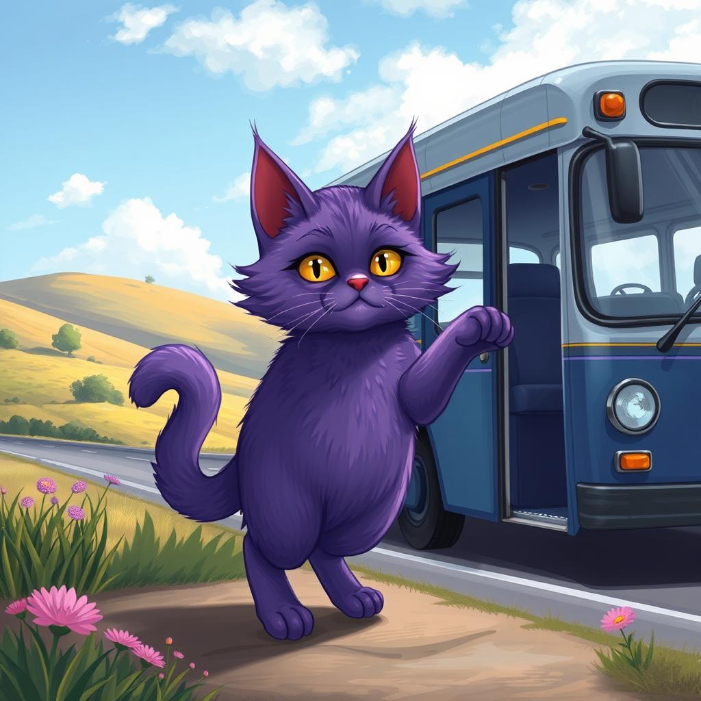 A realistic illustration of a purple magic cat stepping off a bus on two feet in a countryside setting