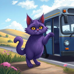 A realistic illustration of a purple magic cat stepping off a bus on two feet in a countryside setting