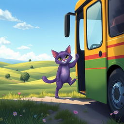 A realistic illustration of a purple magic cat stepping off a bus on two feet in a countryside setting