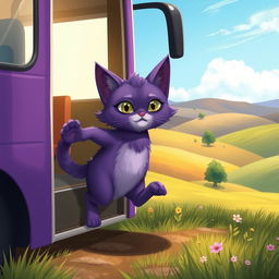 A realistic illustration of a purple magic cat stepping off a bus on two feet in a countryside setting