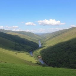 A serene landscape with rolling hills, lush greenery, and a clear blue sky