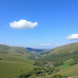 A serene landscape with rolling hills, lush greenery, and a clear blue sky