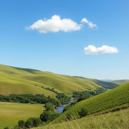 A serene landscape with rolling hills, lush greenery, and a clear blue sky