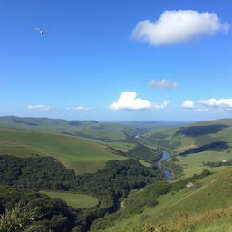 A serene landscape with rolling hills, lush greenery, and a clear blue sky