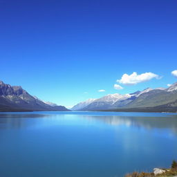 A beautiful landscape featuring a serene lake surrounded by mountains, with a clear blue sky and a few fluffy clouds