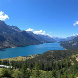 A beautiful landscape featuring a serene lake surrounded by mountains, with a clear blue sky and a few fluffy clouds