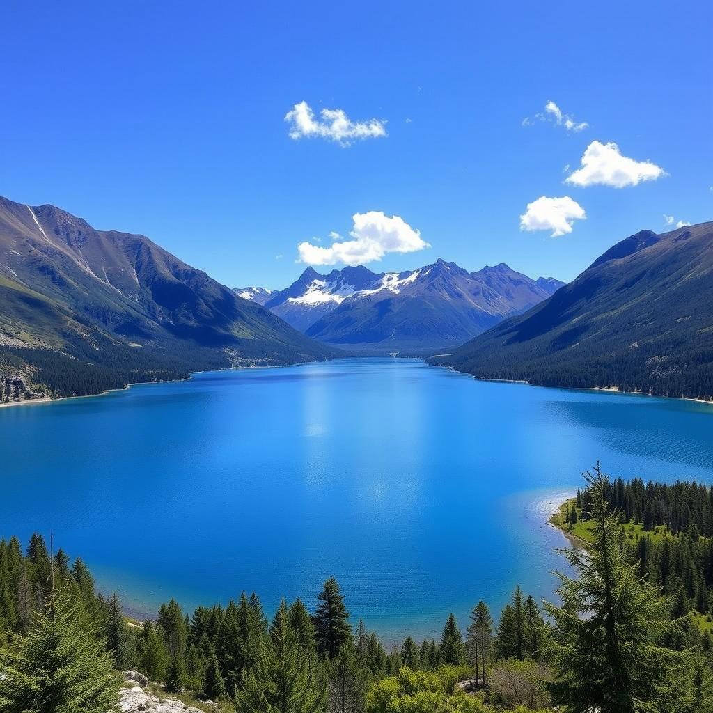 A beautiful landscape featuring a serene lake surrounded by mountains, with a clear blue sky and a few fluffy clouds