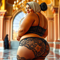 A stunningly beautiful Brazilian-Indian plus-sized woman adorned in lace panties