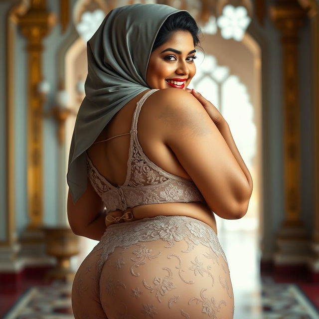 A stunningly beautiful Brazilian-Indian plus-sized woman adorned in lace panties