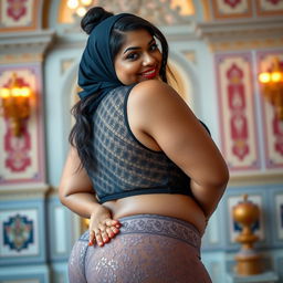 A stunningly beautiful Brazilian-Indian plus-sized woman adorned in lace panties