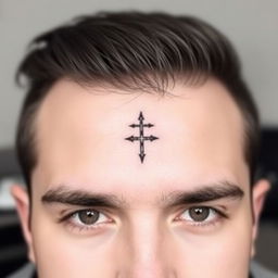 A simple, small, original tattoo design for a man to be placed on the forehead