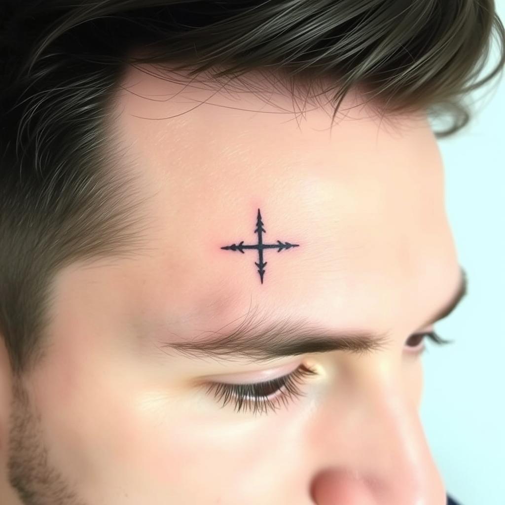 A simple, small, and symmetrical tattoo design for a man to be placed on the forehead