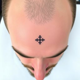 A simple, small, and symmetrical tattoo design for a man to be placed on the forehead