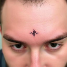 A simple, small, and symmetrical tattoo design for a man to be placed on the forehead