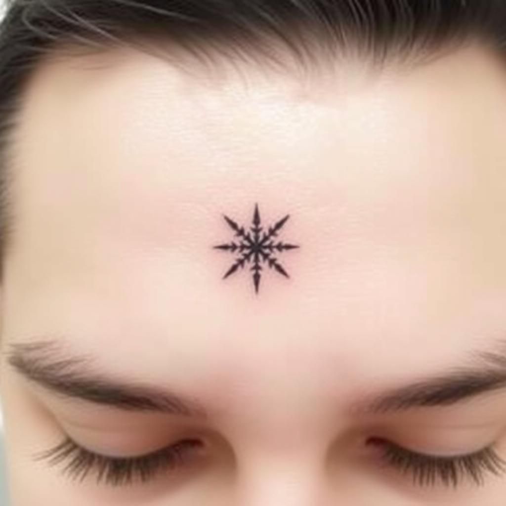 A simple, small, and symmetrical tattoo design for a man to be placed on the forehead