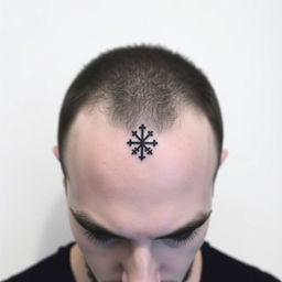 A simple, small, and symmetrical tattoo design for a man to be placed on the forehead