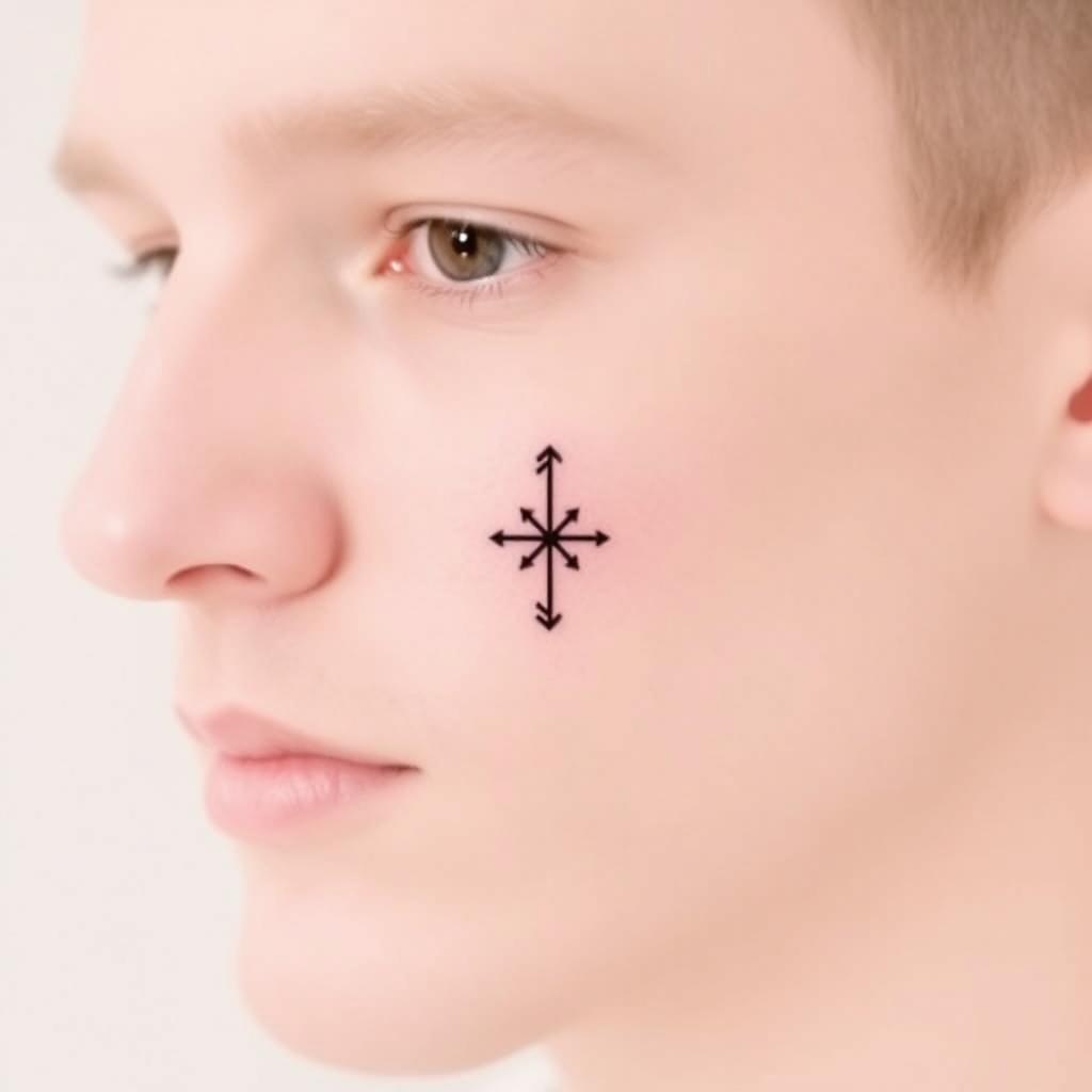 A small, symmetrical tattoo design for a man to be placed on the face