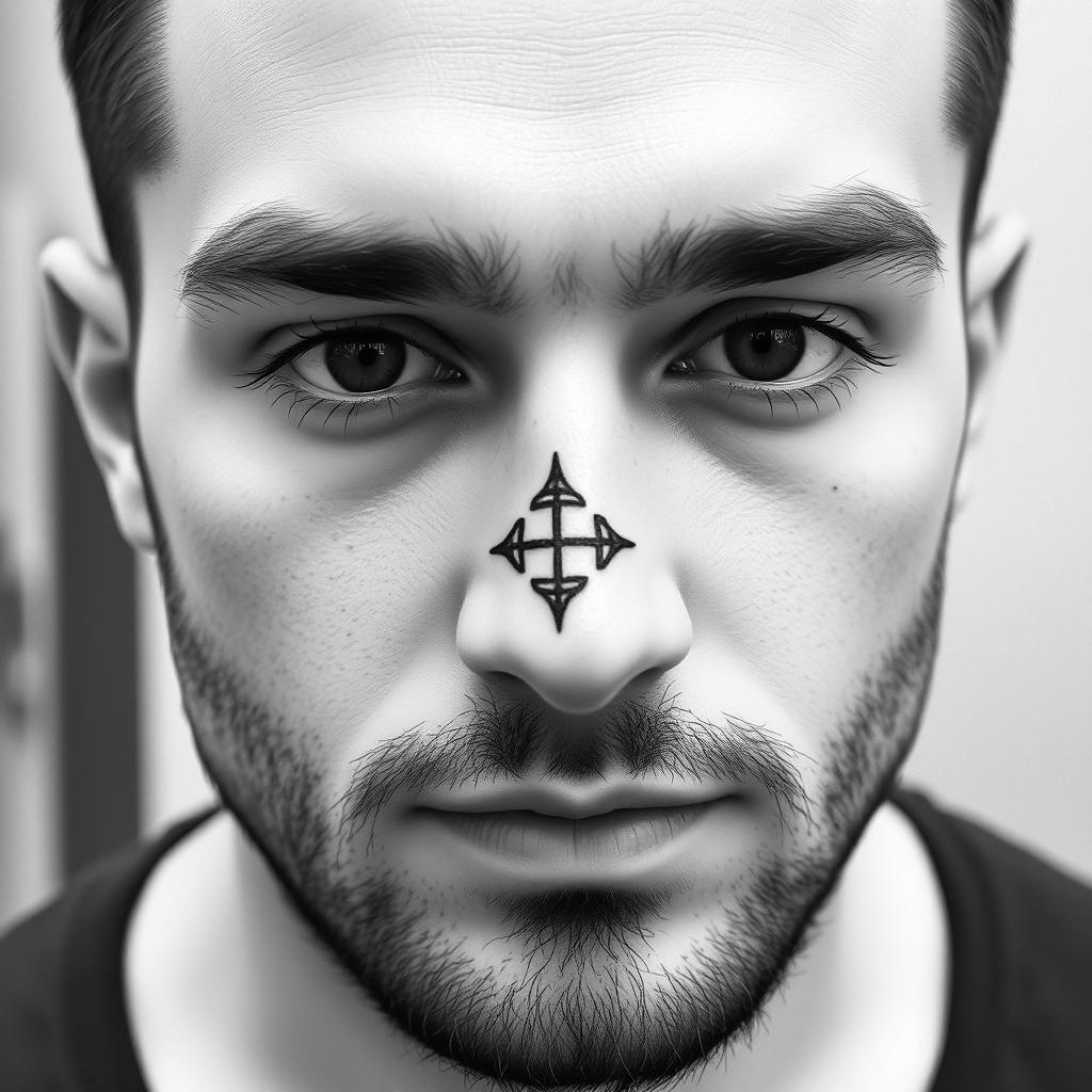 A small, symmetrical, and unique tattoo design for a man to be placed on the face