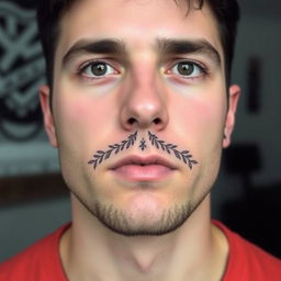 A small, symmetrical, and unique tattoo design for a man to be placed on the face