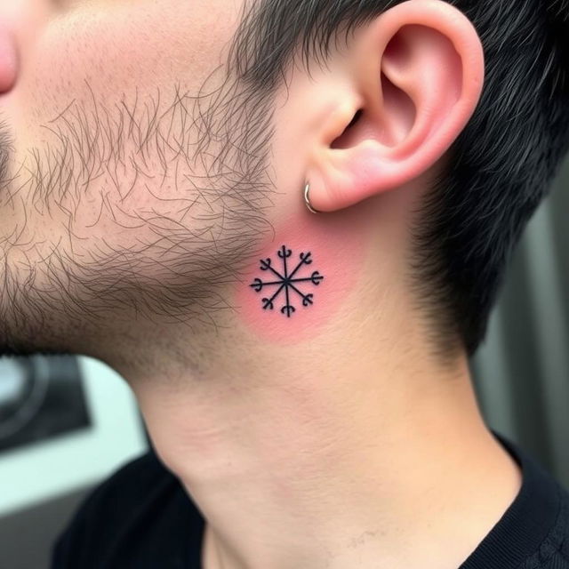 A small, symmetrical, and unique tattoo design for a man to be placed on the face