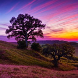 A gorgeous landscape of rolling green hills under a sky lit with a sunset purple hue, with a dominant majestic oak tree in the foreground.