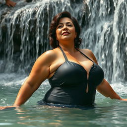 A beautiful Latina woman, around 55 years old, with a voluptuous and thick figure, large breasts, wearing a stylish swimsuit