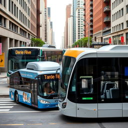 A city bus and a bus rapid transit system bus in an urban environment