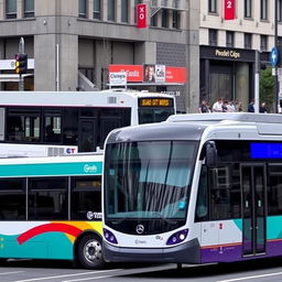 A city bus and a bus rapid transit system bus in an urban environment