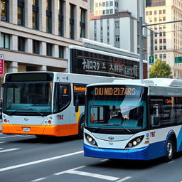 A city bus and a bus rapid transit system bus in an urban environment