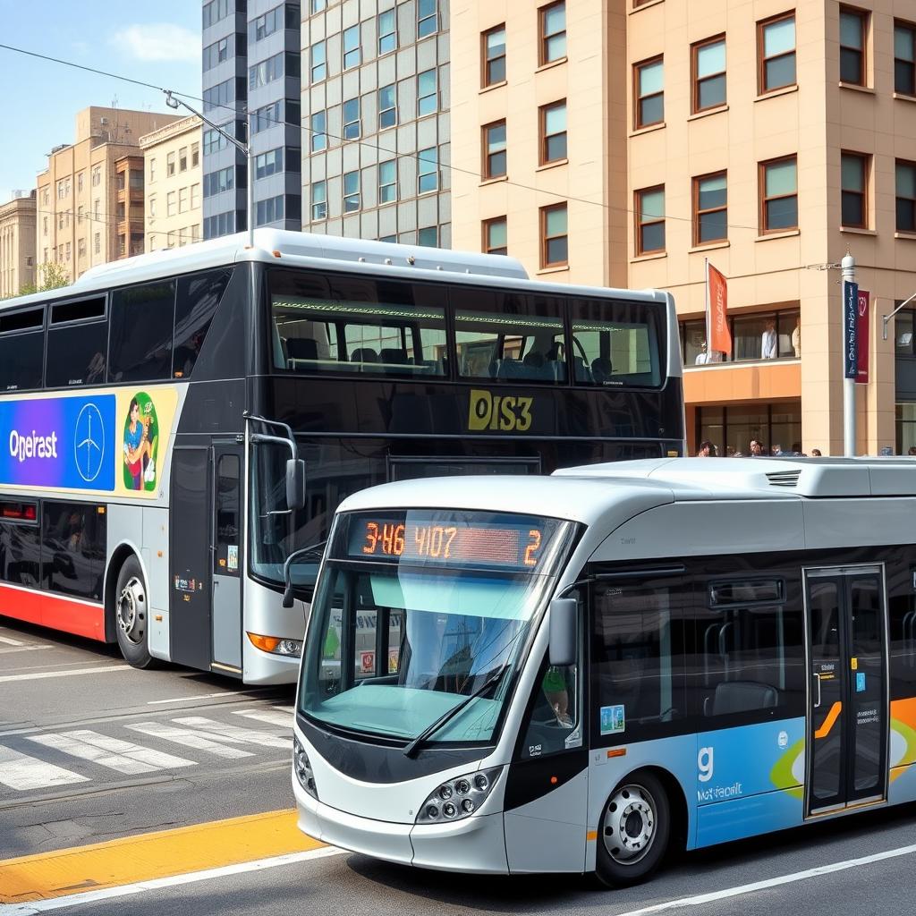 A city bus and a bus rapid transit system bus in an urban environment