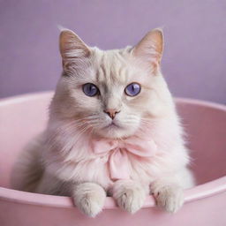 An elegant cat bathed in an aesthetic mix of soft hues of pink and purple.