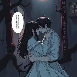 A scary and forbidden romance scene from a manhwa, set in a dark and eerie environment