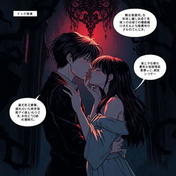 A scary and forbidden romance scene from a manhwa, set in a dark and eerie environment