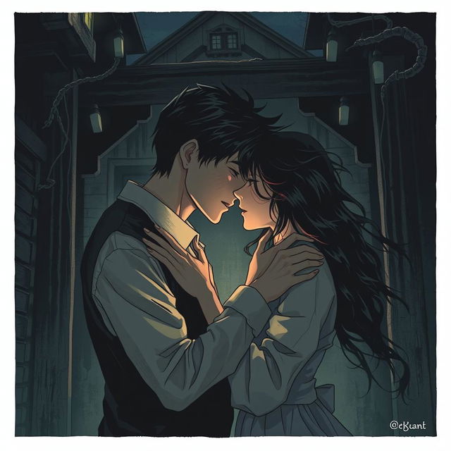 A scary and forbidden romance scene from a manhwa, set in a dark and eerie environment