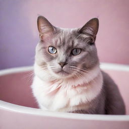 An elegant cat bathed in an aesthetic mix of soft hues of pink and purple.