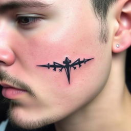 A small, masculine tattoo design with a dark, discreet, and authentic style to be placed on the face